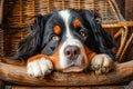 Cute Bernese Mountain Dog Lying on Wicker Chair with Soulful Eyes and Expressive Face Royalty Free Stock Photo