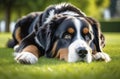 Cute Bernese Mountain dog puppy lying in the grass Royalty Free Stock Photo