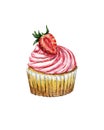 Cute berry cupcake made from vanilla biscuit dough and butter strawberry cream, decorated with garden strawberry