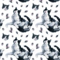 Cute bicolor black and white cat and toy mouses seamless pattern. Watercolor painting on white background Royalty Free Stock Photo