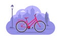 Cute bicycle on city silhouette background. Pink bicycle on purple monochrome background. Bike concept illustration for app or web