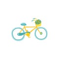 Cute bicycle. Female yellow bike. Flowers in a basket. Stock Vector illustration in simple cartoon style. Isolate on a white