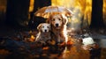 Cute big dog and puppy lying under an umbrella in the rain. Royalty Free Stock Photo