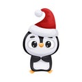 Cute big eyed penguin in Santa hat. Adorable funny baby bird cartoon character. New year and Christmas design vector Royalty Free Stock Photo