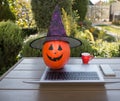 Cute big orange halloween pumpkin with painted face in witch hat works on laptop at table in garden
