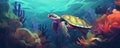 Cute big turtle in the coral reef under the sea. Ocean animal, underwater life. World turtle day Royalty Free Stock Photo