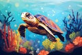 Cute big turtle in the coral reef under the sea. Ocean animal, underwater life. World turtle day Royalty Free Stock Photo