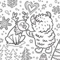 Cute Bigfoot or Yeti with deer in the forest. Contour illustration