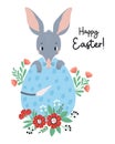 Cute bilby with big Easter egg and flowers. Australian animal is wild mammal. Happy Easter greeting card. Vector