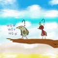 Cute bird on branch making a wow sound. blue sky background. illustration