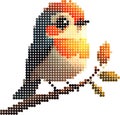 Cute Bird on a branch, pixel dotted style Royalty Free Stock Photo