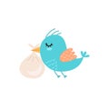 Cute bird carrying baby bag. Baby shower Isolated element. Funny character