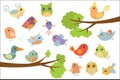 Cute bird characters set, cute colorful cartoon birds flying, singing, sitting on the branch vector Illustrations on a Royalty Free Stock Photo