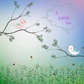 Cute bird couple fall in love in the garden for romantic Valentine`s day,greeting card,kid product,t-shirt,print or textile Royalty Free Stock Photo