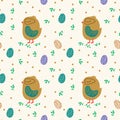 Cute bird with eggs background. Cute Easter chicken poster. Colored beautiful eggs. Spring illustration of a chick in a circle of