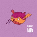 Cute bird in flight in handmade cartoon style