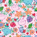 Cute bird flower leaf style line seamless pattern Royalty Free Stock Photo