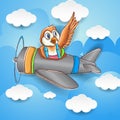 Cute bird flying around the sky with plane, wallpaper, kids t shirt design, cartoon illustration Royalty Free Stock Photo