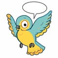 Cute bird flying illustration drawing color blue and yellow and speaking drawing illustration white background Royalty Free Stock Photo