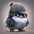 Cute bird with headset and black cap ai generated