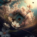 Cute bird house in a blossom tree, spring time. Generative Ai Royalty Free Stock Photo