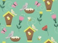 Cute bird houses and flowers background. Vector cartoon seamless pattern with bird houses and nests. Royalty Free Stock Photo