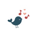 Cute bird with music notes and hearts cartoon