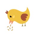 Cute bird pecking grain print in childish style. Funny cartoon chick