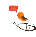 Cute bird is saying hello while sitting on a tree. Vector illustration. Royalty Free Stock Photo