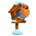 Cute bird sits in a wooden birdhouse isolated on a white background. Winter houses are created for wildlife. Vector Royalty Free Stock Photo