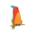 Cute Bird Sitting on Perch, Funny Birdie Cartoon Character with Bright Colorful Feathers and Tuft Vector Illustration