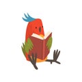 Cute Bird Sitting and Reading Book, Funny Birdie Cartoon Character with Bright Colorful Feathers and Tuft Vector