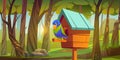 Cute bird sitting on wooden perch of birdhouse Royalty Free Stock Photo