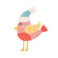 Cute bird in winter hat, vector flat illustration on white background Royalty Free Stock Photo