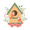 Cute birdhouse with birds, decorated with flowers and leaves. Spring clip art in flat cartoon style.