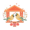 Cute birdhouse with birds, decorated with flowers and leaves. Spring clip art in flat cartoon style.
