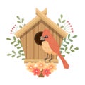 Cute birdhouse with birds, decorated with flowers and leaves. Spring clip art in flat cartoon style.