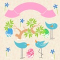 Cute birds baby shower invitation card design. Layout template p Royalty Free Stock Photo