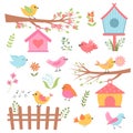 Cute birds, colorful bird houses, flowers and twigs set. Royalty Free Stock Photo