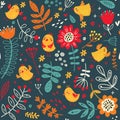 Cute Birds And Flowers. Floral Background. Pattern