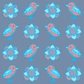 Cute birds and flowers pattern in pink and denim blue