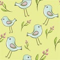 Cute birds with flowers seamless background