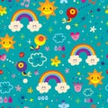 Cute birds, flowers, Sun, rainbow, clouds, sky raindrops. extremely impressive seamless pattern