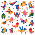 Cute birds. Hand drawn colorful little birds, doodle songbird characters, nature forest bird childish isolated vector