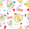 Cute birds and a hand-written inscription love on Valentine`s Day. Seamless vector illustration for printing textiles, clothing, W