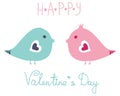 Cute birds in love in blue and pink colors. With `Happy Valentines Day` sign.Stylish card for Valentine day. Vector illustration. Royalty Free Stock Photo