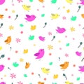 Cute birds seamless pattern with little flowers