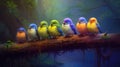 cute birds sitting in a row, cartoon inspired, ai generated image Royalty Free Stock Photo