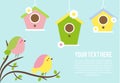 Cute Birds sitting on tree branches. Hanging Birdhouses. Vector banner, seasonal spring background