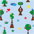 Cute birds on trees vector seamless pattern